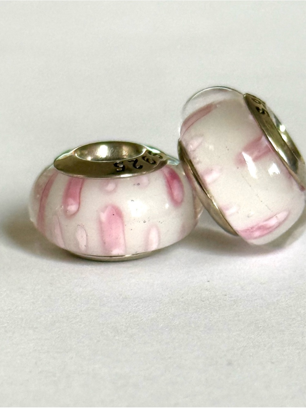 Pink and White Murano Glass Charms set fit Pandora bracelets